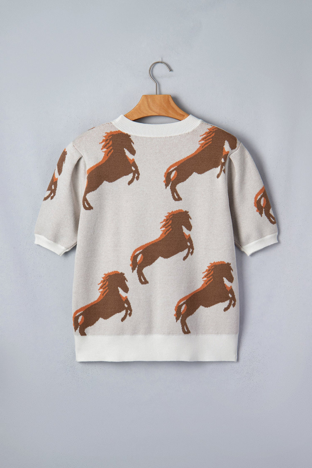 White Western Horse Printed Short Puff Sleeve Sweater