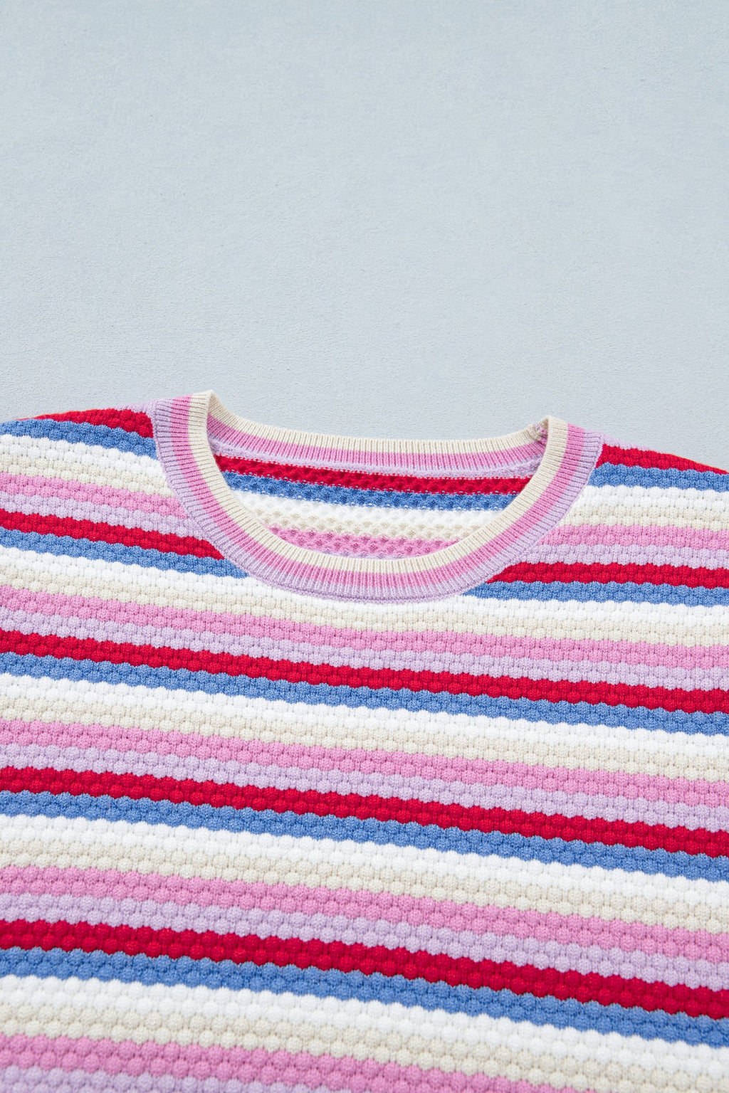 Multicolour Textured Stripes Knit Short Sleeve Sweater