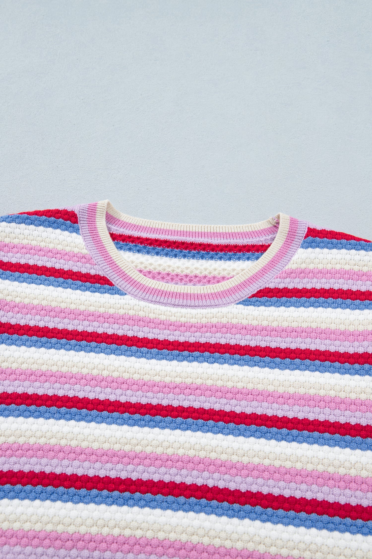 Multicolour Textured Stripes Knit Short Sleeve Sweater