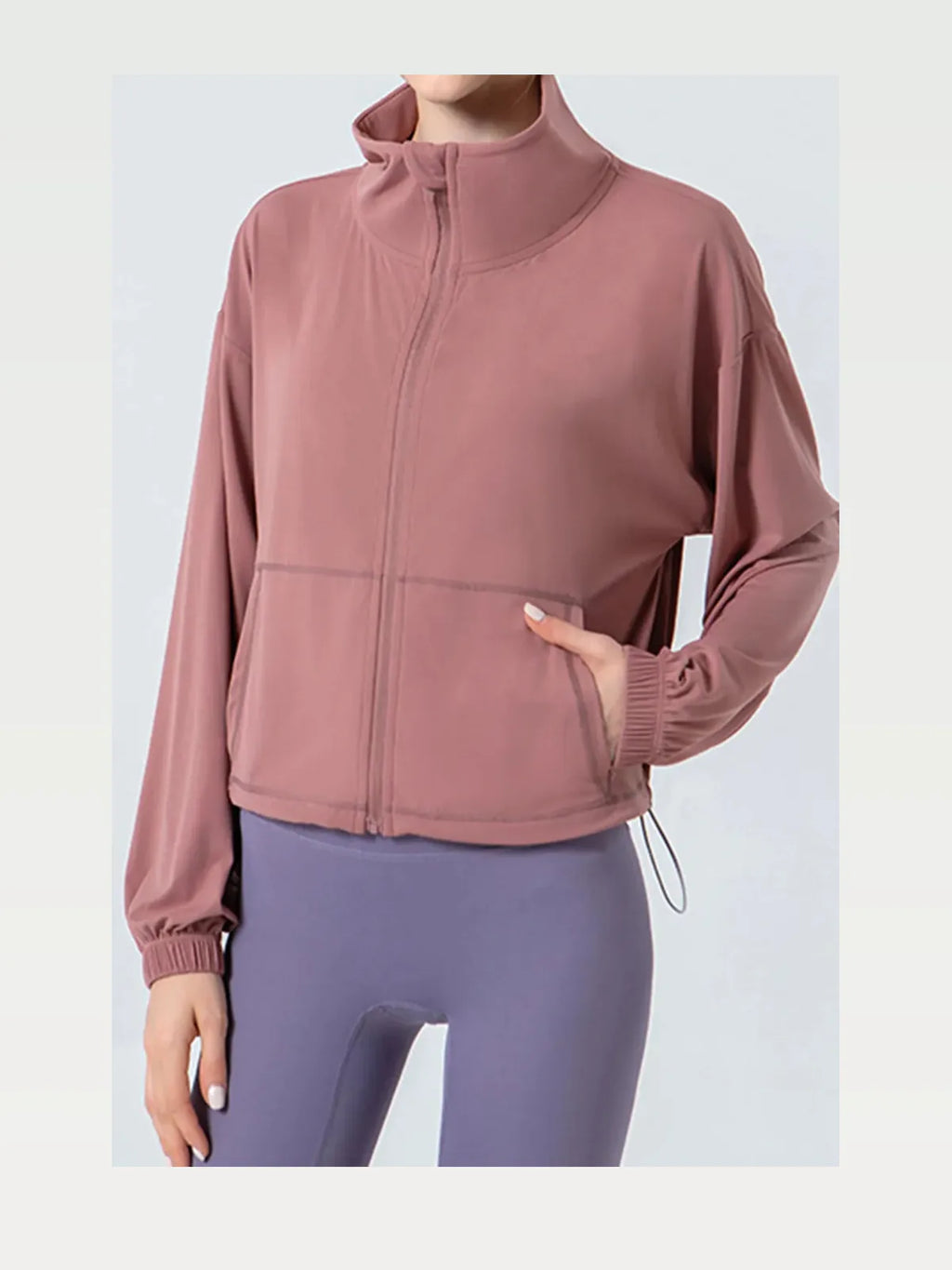 Drawstring Zip Up Dropped Shoulder Active Outerwear