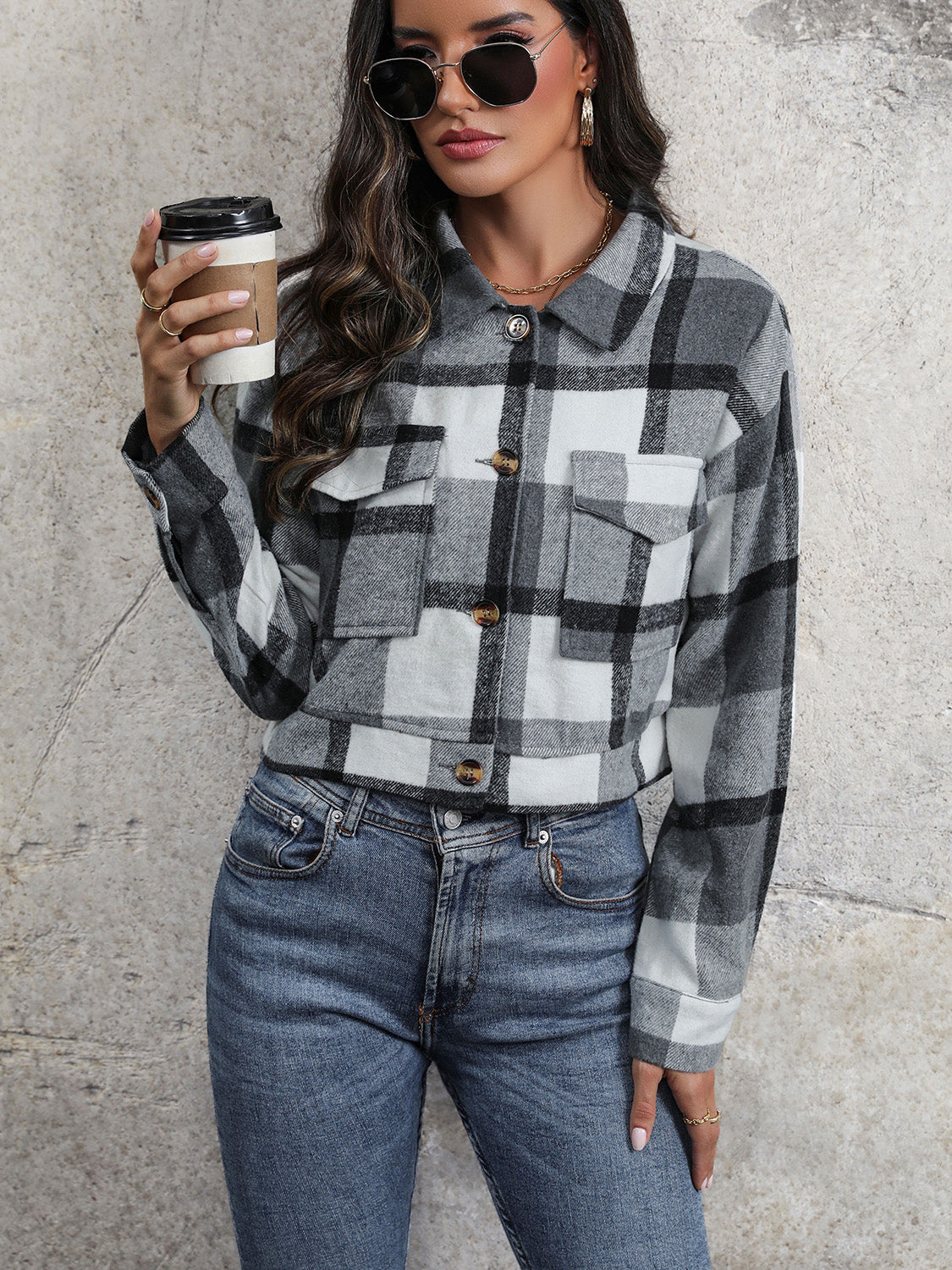 Women Perfee Plaid Button Up Drop Shoulder Cropped Jacket