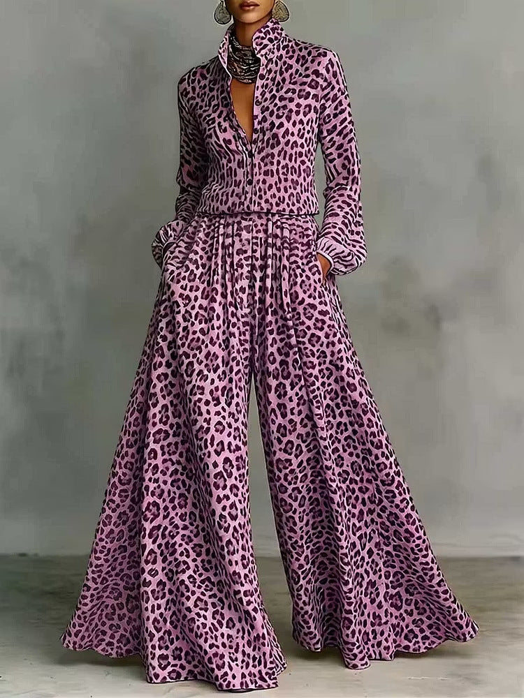 Leopardenmuster Hose mit weitem Bein Set – Freizeit-Zweiteiler für Damen