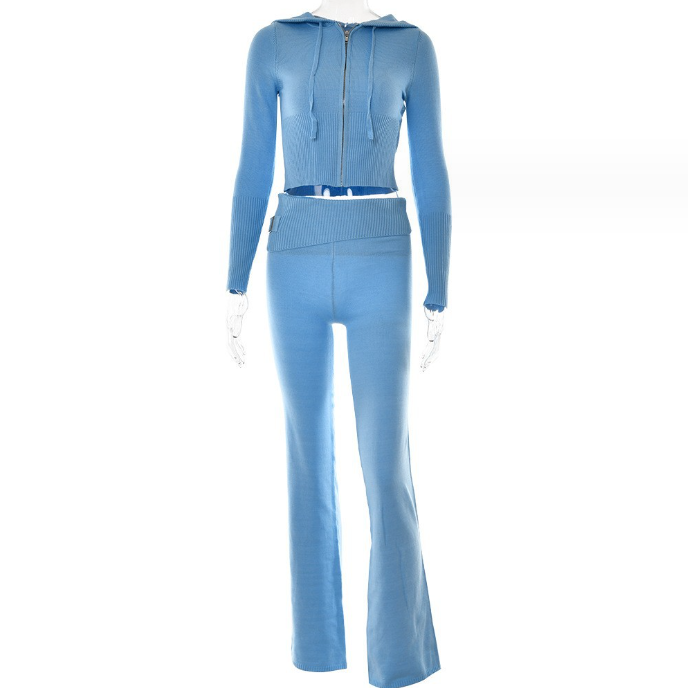 Set aus Langarm-Pullover und hochtaillierter langer Hose