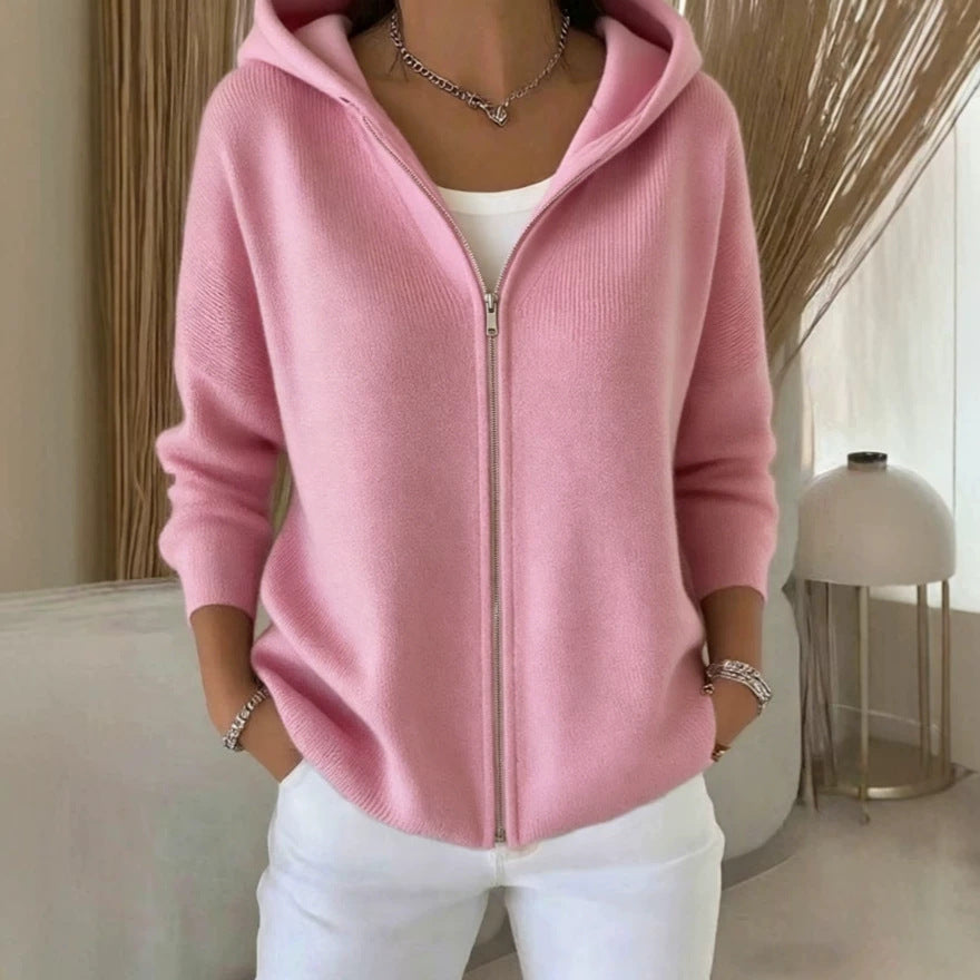 Zip-Up Knitted Hooded Cardigan Coat – Women’s Sweater in pink