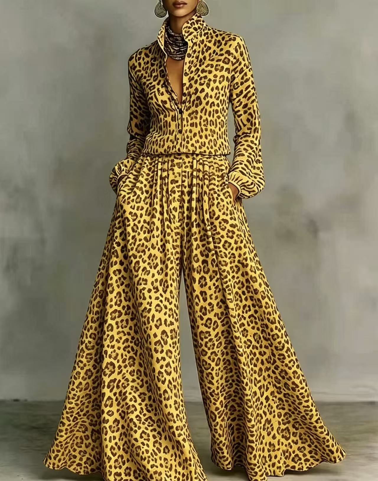 Leopardenmuster Hose mit weitem Bein Set – Freizeit-Zweiteiler für Damen