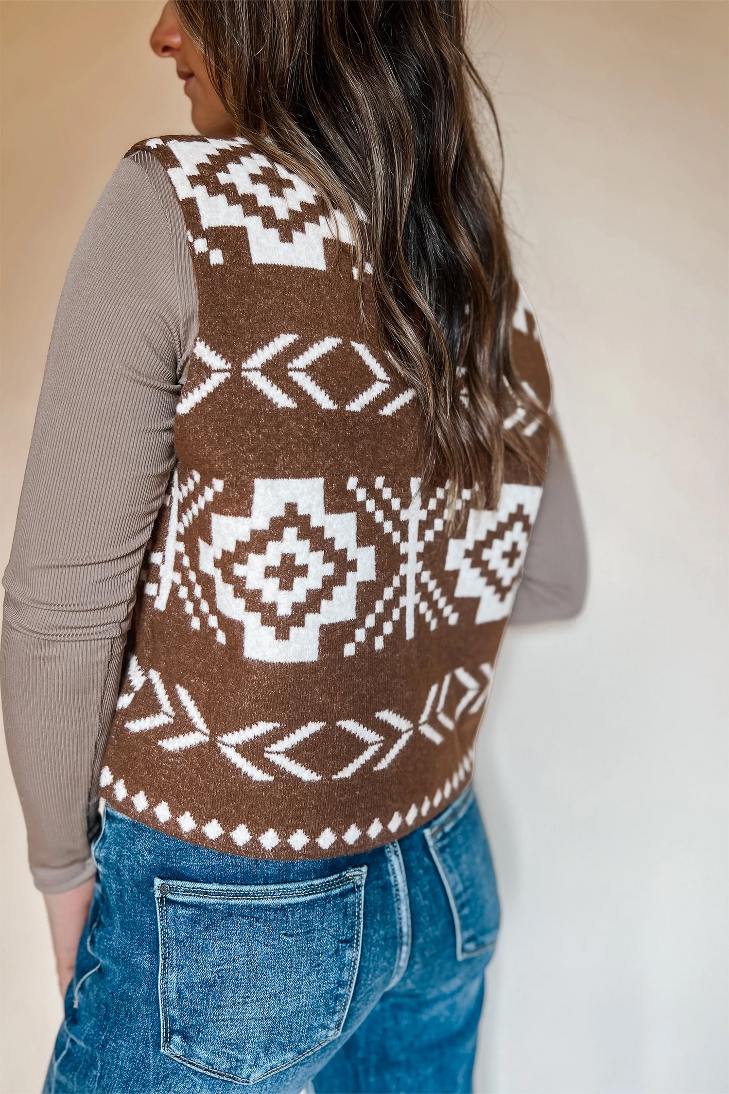 Brown Southwestern Aztec Button Square Neck Sweater Vest