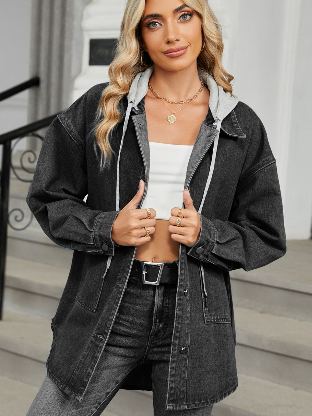 Women Removable Hood Button Up Long Sleeve Denim Jacket
