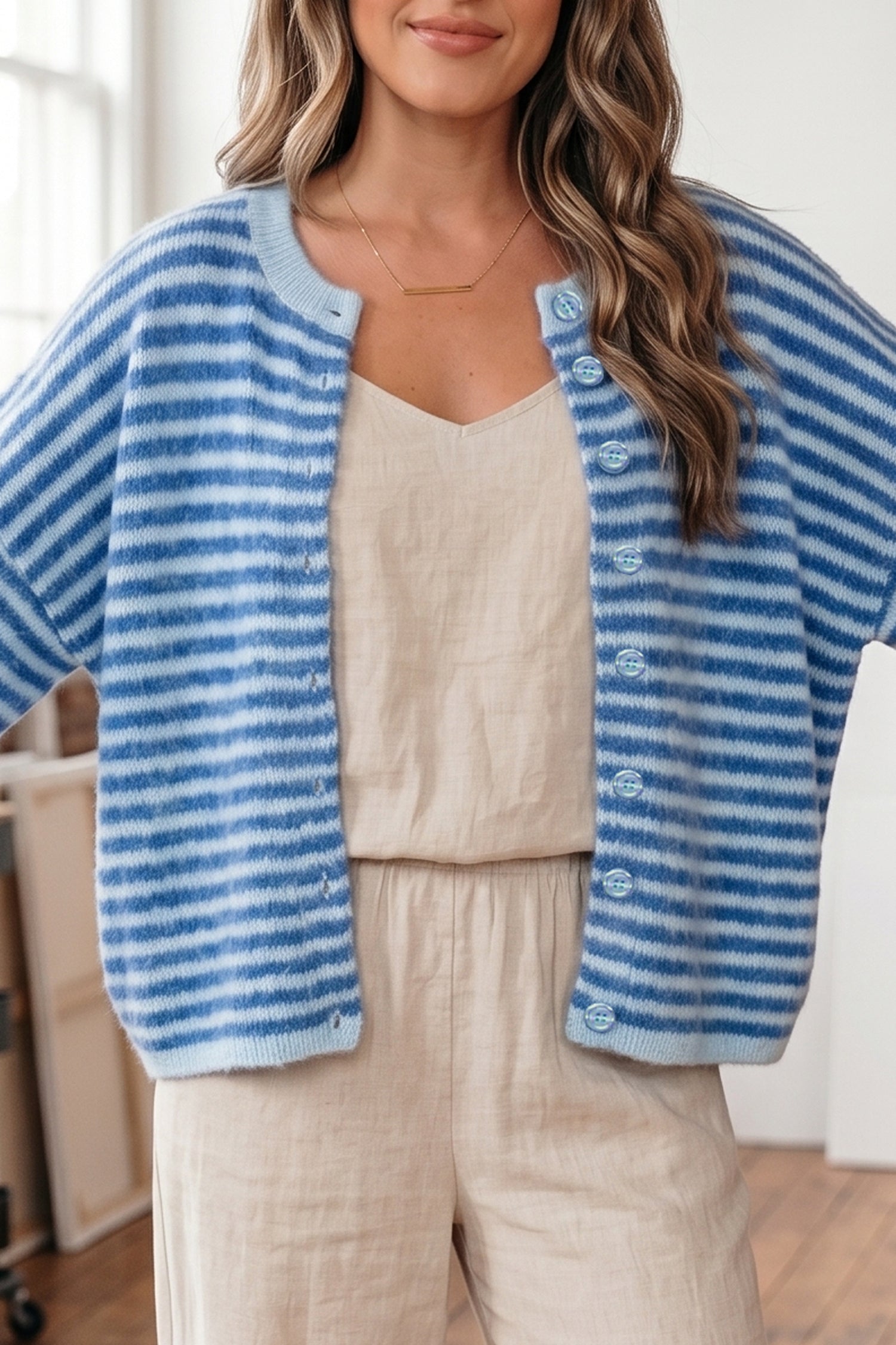 Blue Stripe Loose Half Sleeve Knit Button Down Sweater Cardigan