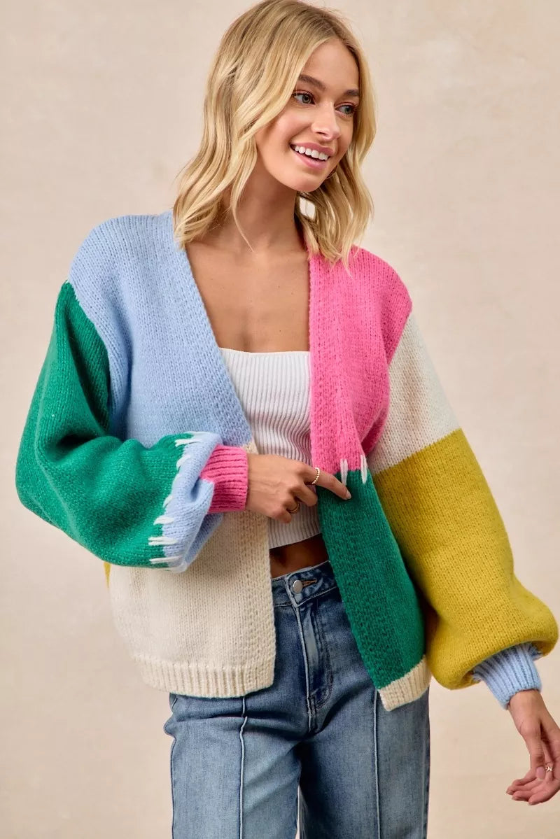 BiBi Color Block Open Front Sweater Cardigan