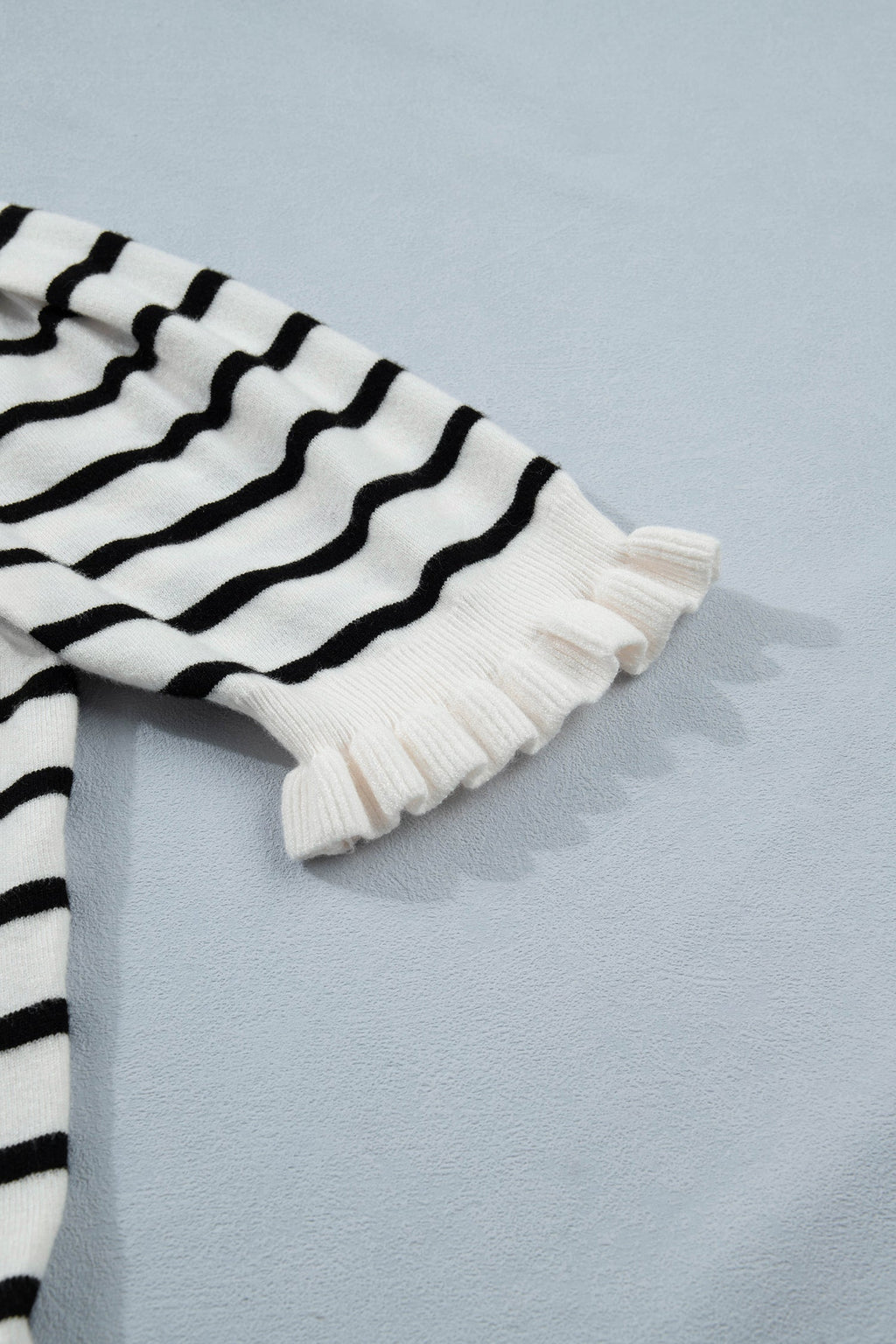 Beige Stripe Ruffle Trim Button Down Knit Short Sleeve Sweater Cardigan
