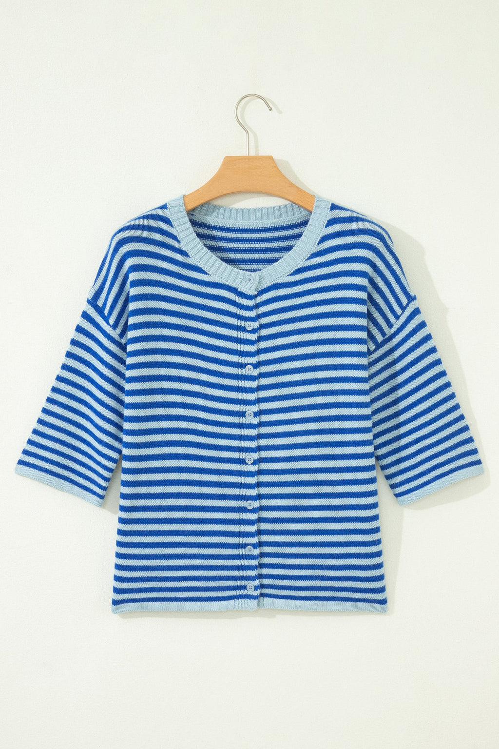 Blue Stripe Loose Half Sleeve Knit Button Down Sweater Cardigan