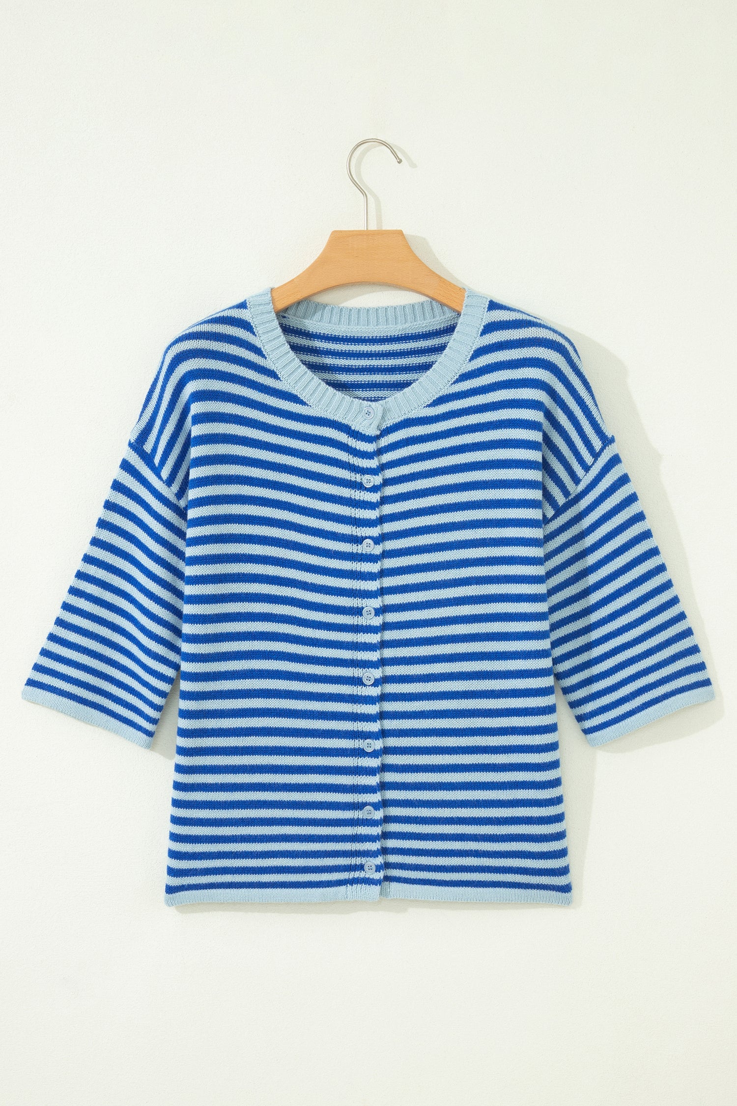 Blue Stripe Loose Half Sleeve Knit Button Down Sweater Cardigan