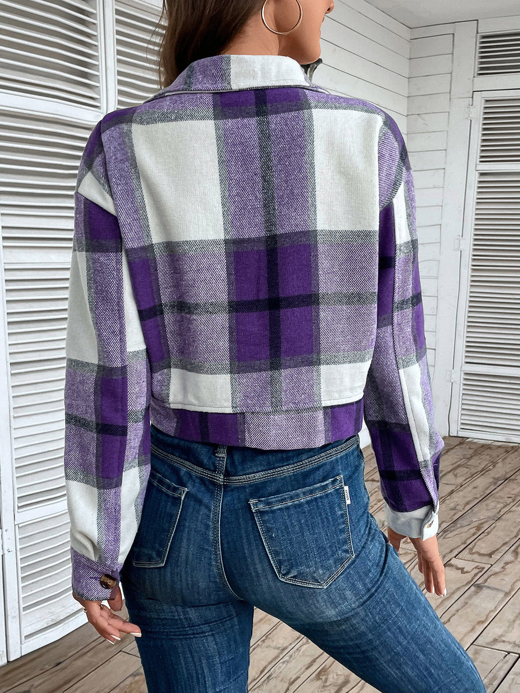 Women Perfee Plaid Button Up Drop Shoulder Cropped Jacket