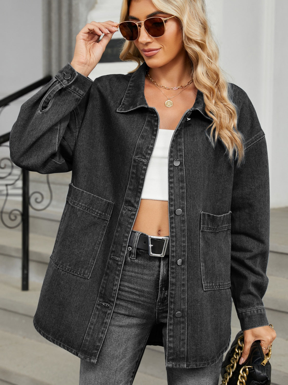 Women Removable Hood Button Up Long Sleeve Denim Jacket