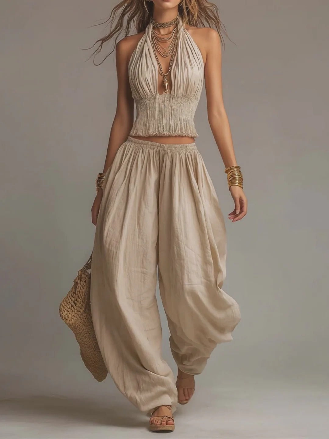 Damen ärmelloses, rückenfreies Neckholder-Top & weite Hose Set