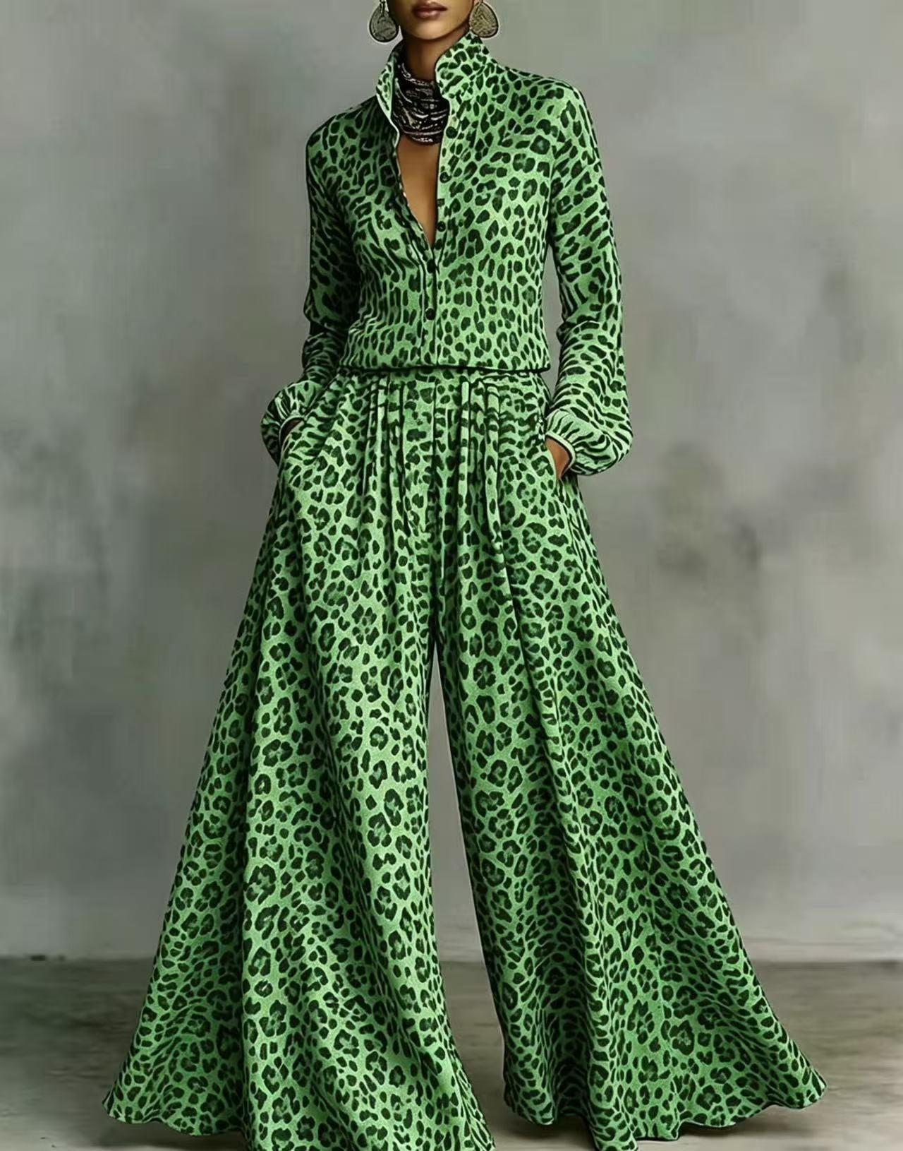 Leopardenmuster Hose mit weitem Bein Set – Freizeit-Zweiteiler für Damen