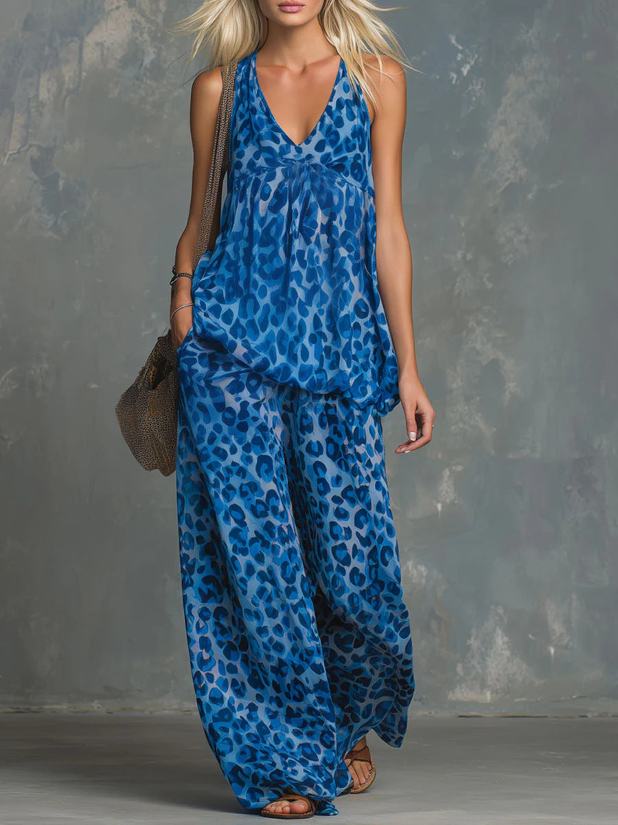 Damen-Set aus ärmellosem Oberteil mit Leopardenmuster und Chiffonhose