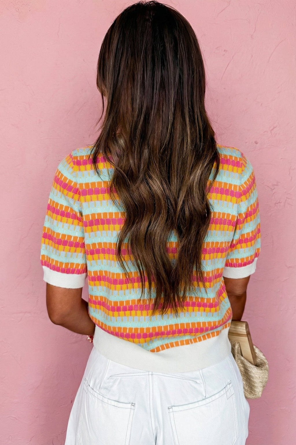 Orange Abstract Striped Knit Short Sleeve Sweater