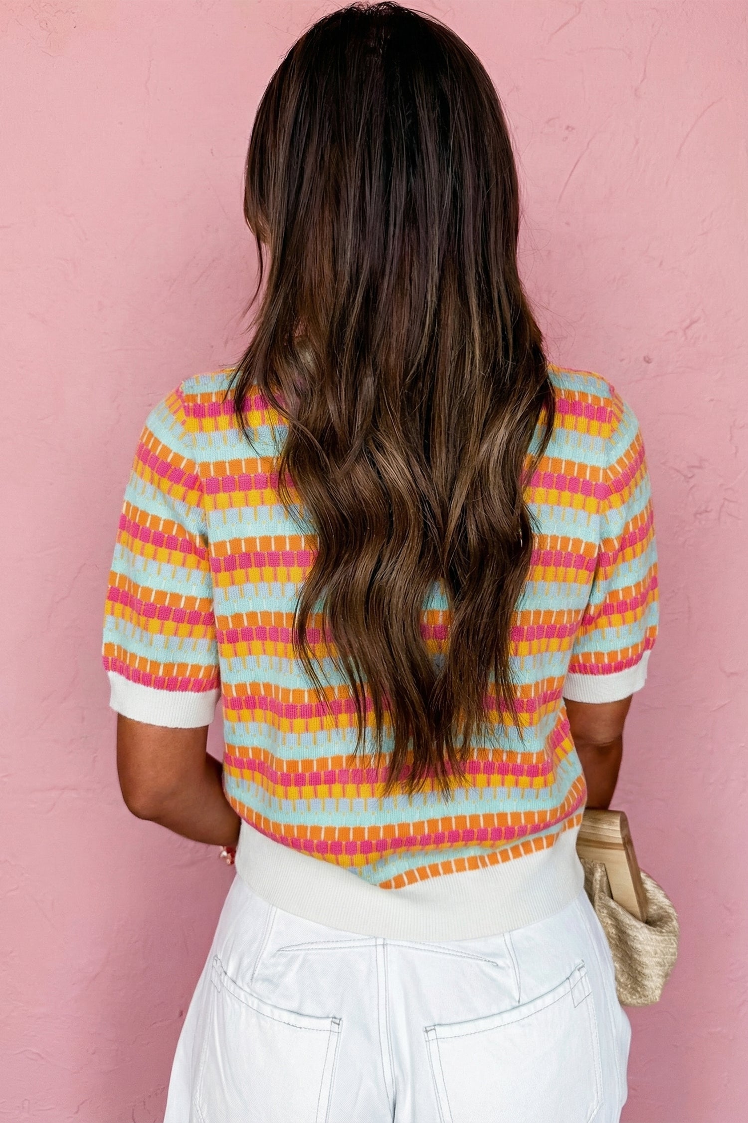 Orange Abstract Striped Knit Short Sleeve Sweater