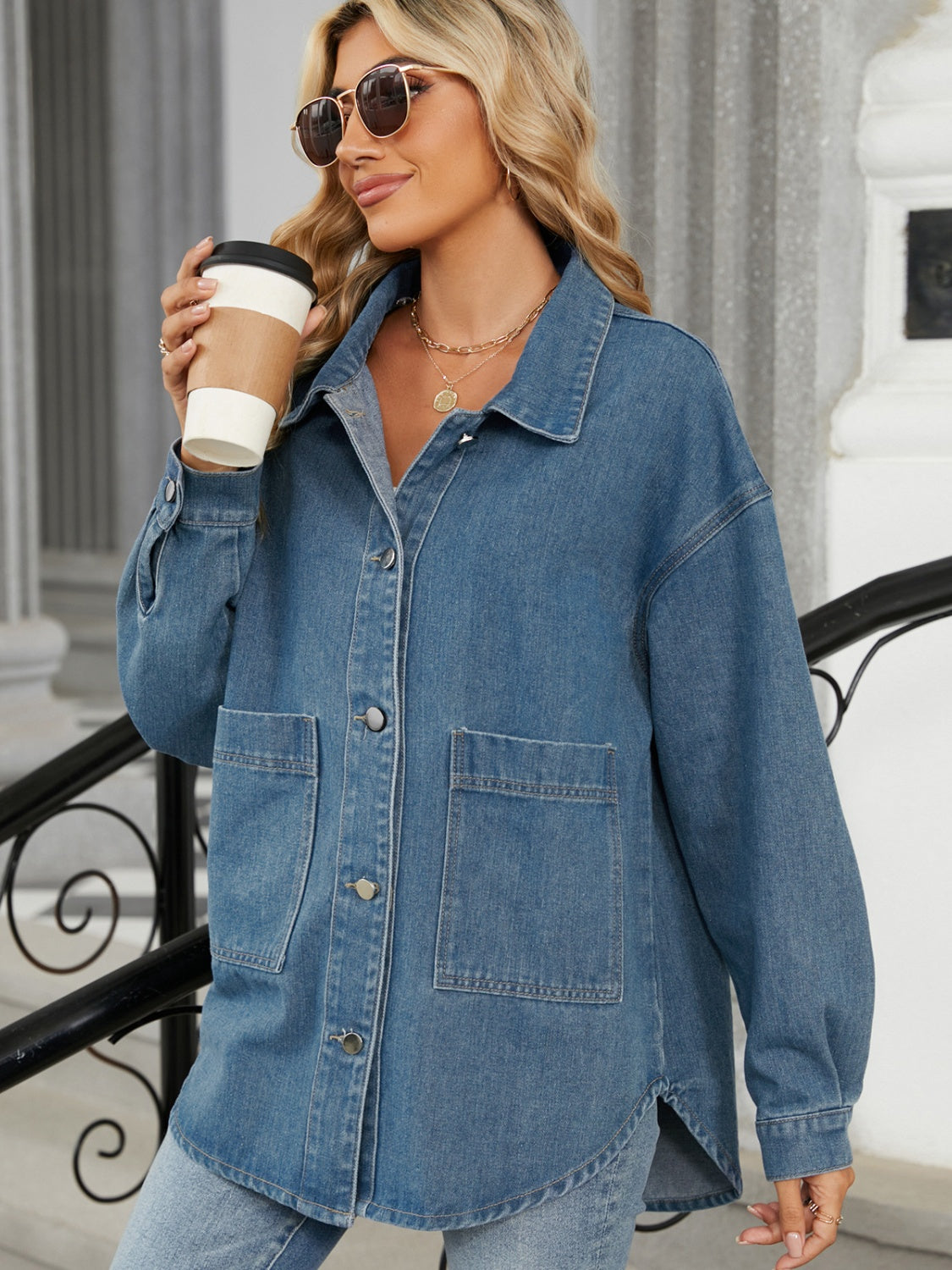 Women Removable Hood Button Up Long Sleeve Denim Jacket