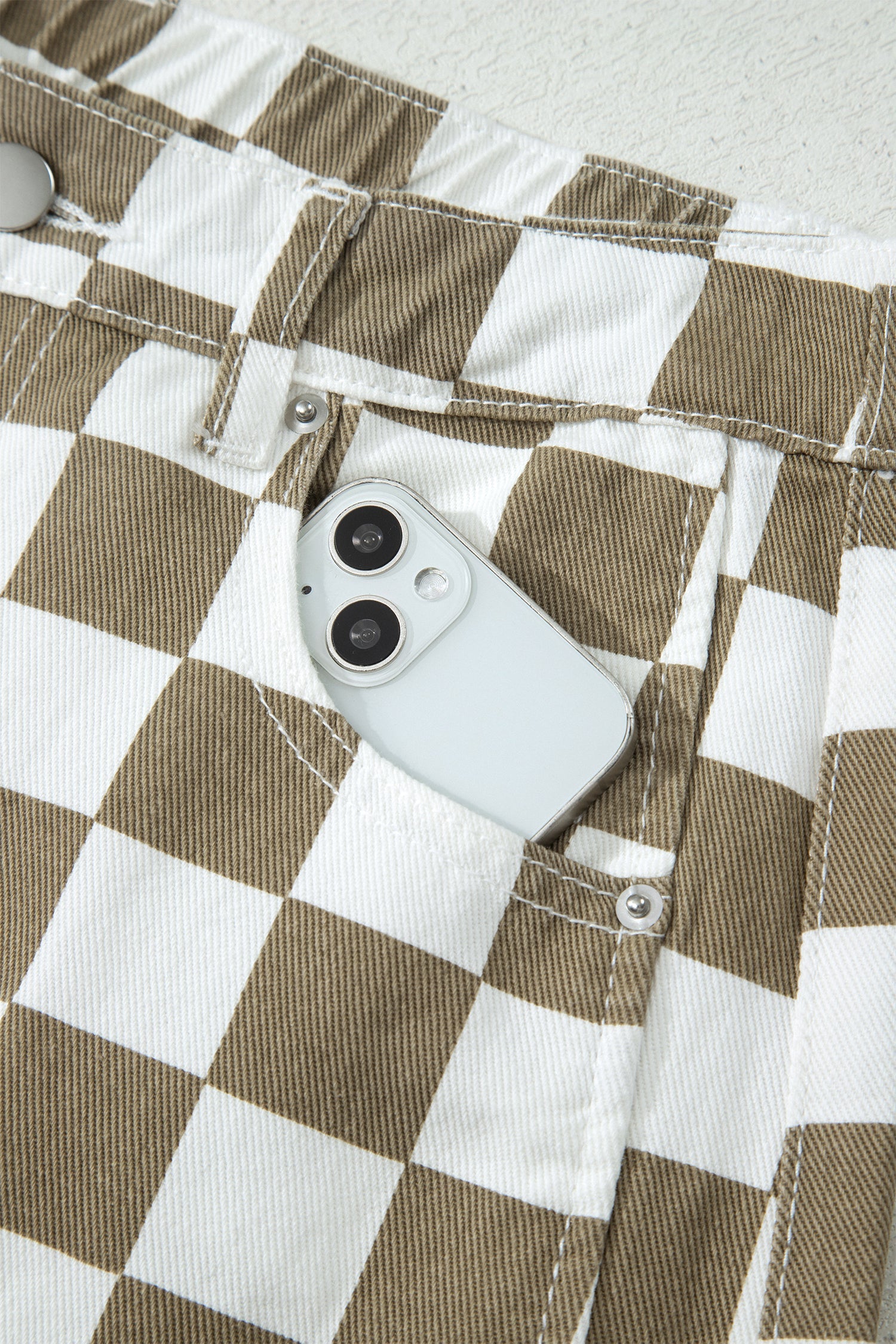 White Checkered Print Denim Barrel Pants