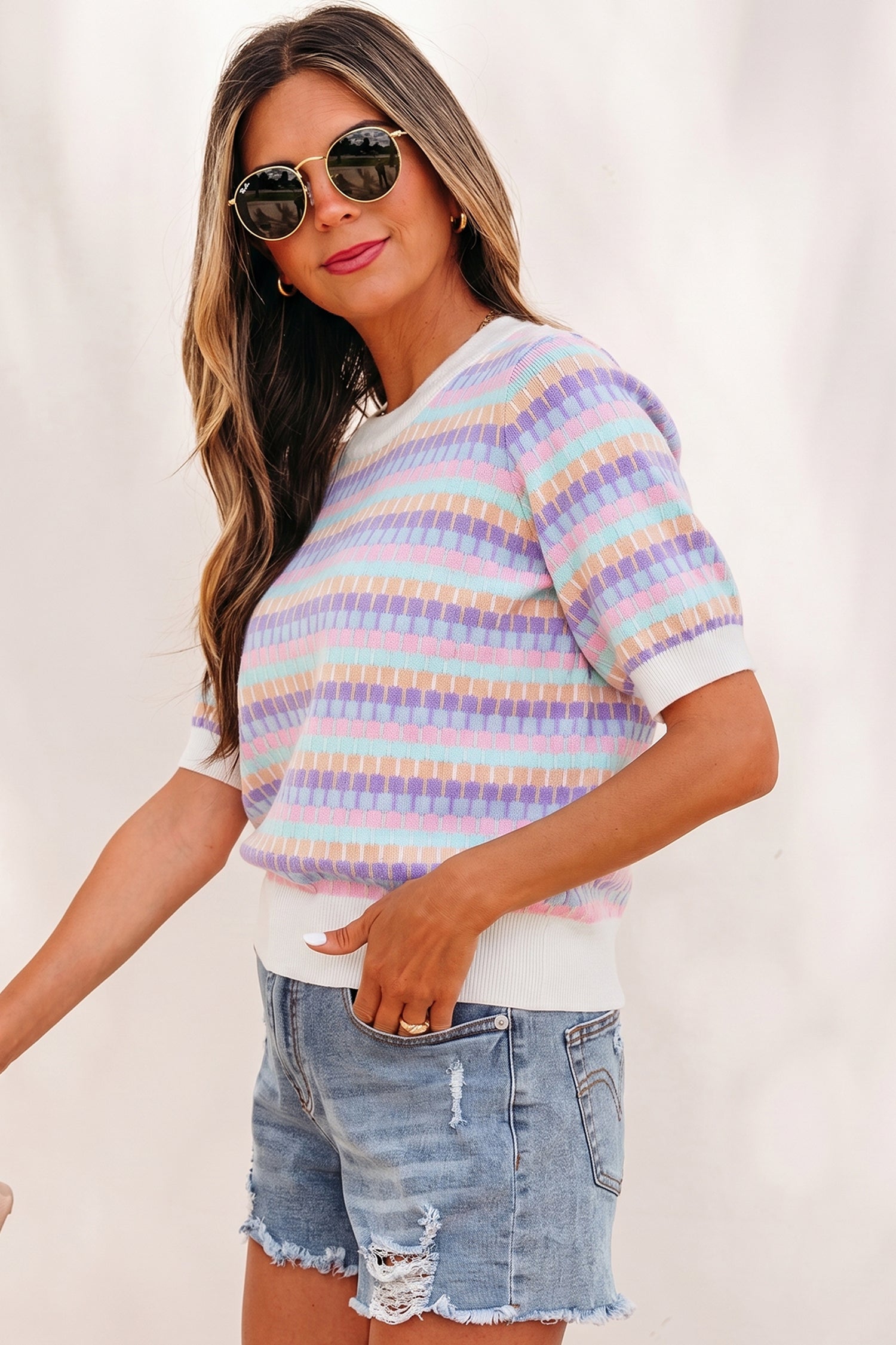 Purple Abstract Striped Knit Short Sleeve Sweater