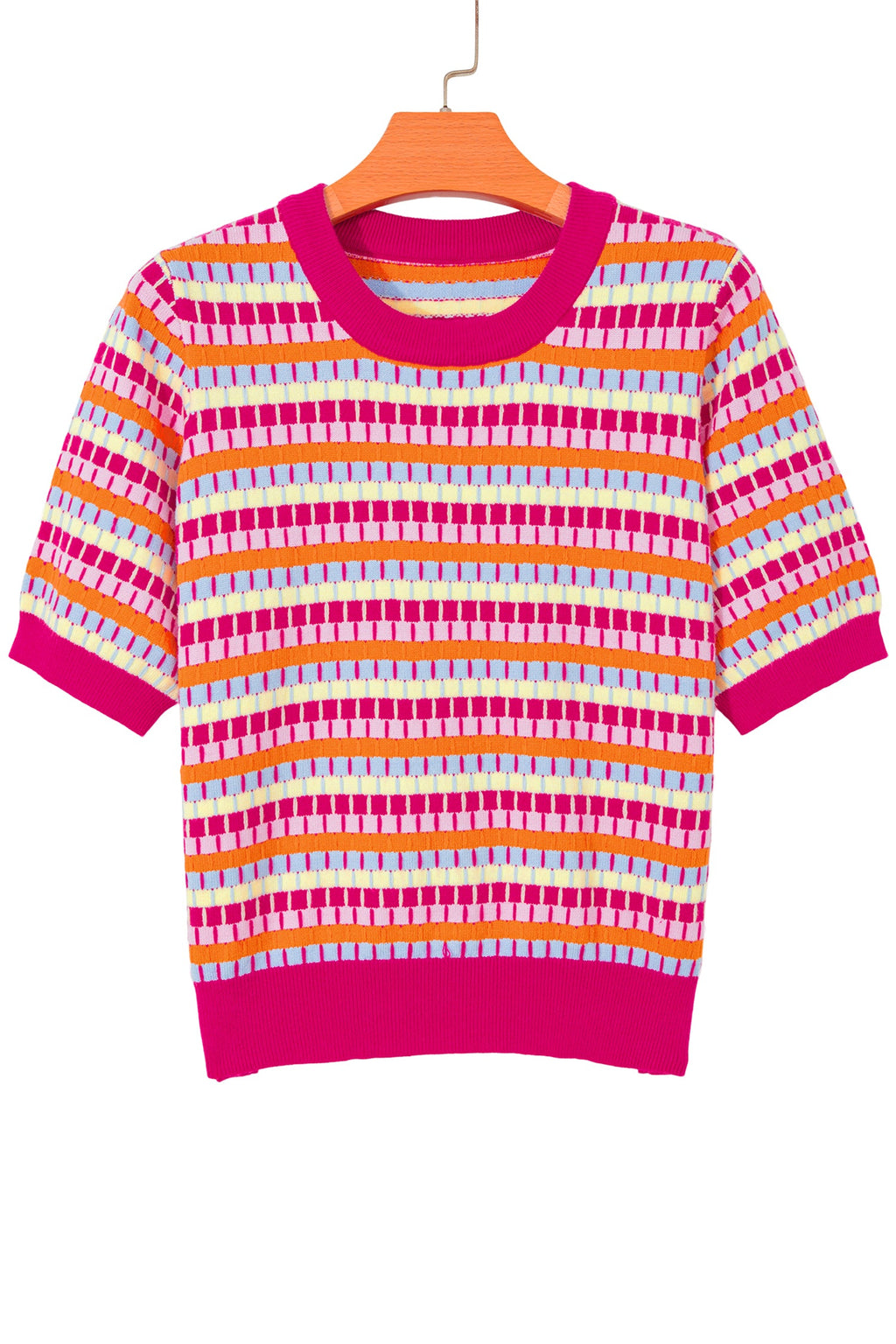 Rose Red Abstract Striped Knit Short Sleeve Sweater