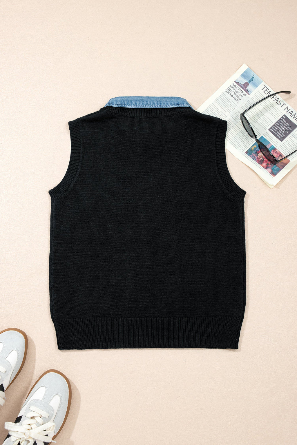 Black Solid Color Knit Contrast Denim Patchwork Collar Sweater Vest