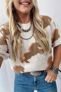 White Western Horse Printed Short Puff Sleeve Sweater