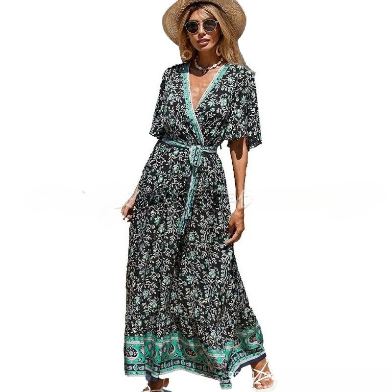 Women's V-Neck Tie-Waist Printed Bohemian Dress Short Sleeve Floral Maxi Dress Summer