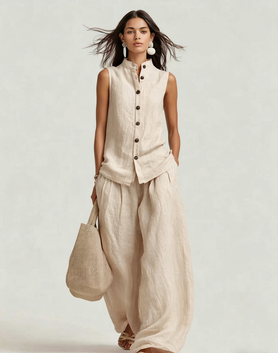 Damen-Set mit stehkragenlosem Oberteil und High-Waist-Hose mit weitem Bein