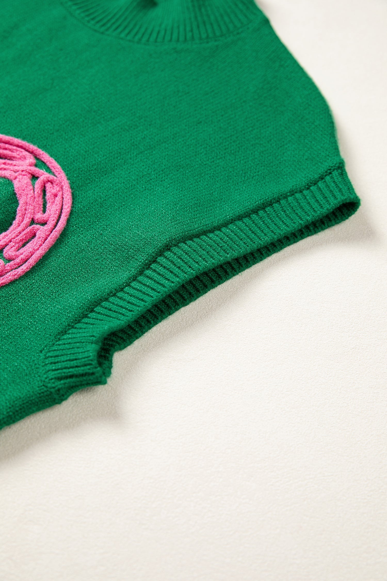 Bright Green Corded Horseshoes Ribbed Trim Mock Neck Short Sleeve Sweater