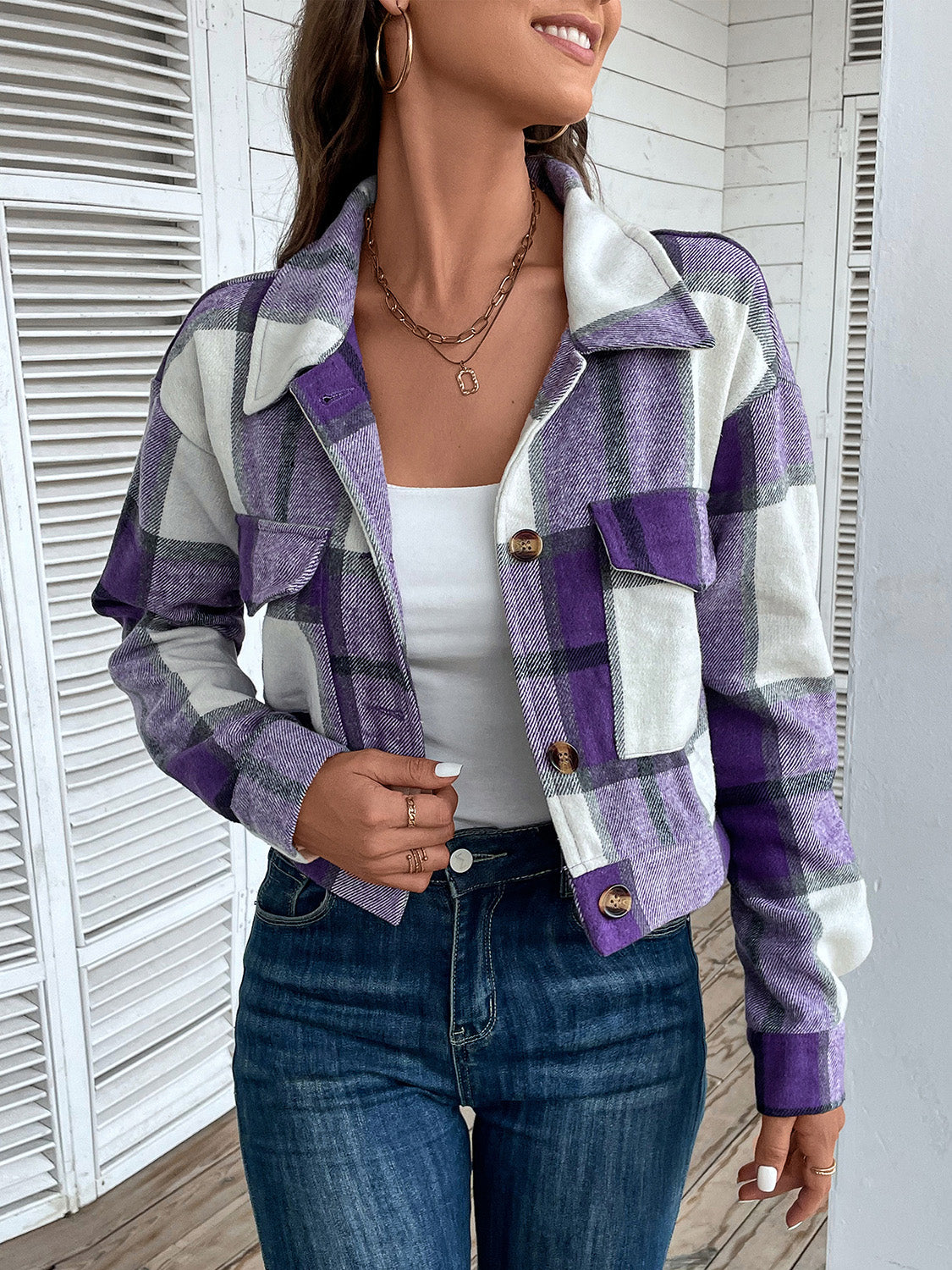 Women Perfee Plaid Button Up Drop Shoulder Cropped Jacket