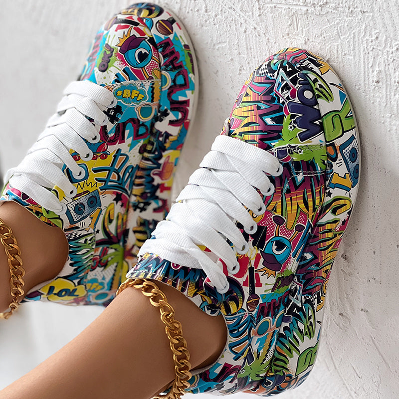 Round-Toe Thick-Sole Lace-Up Sneakers — Women’s Casual Print Shoes