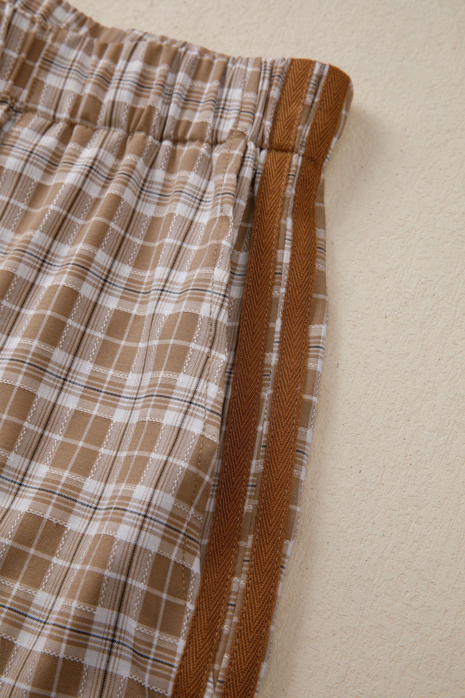 Chestnut Plaid Print Elastic Waist Bow Tie Contrast Detail Jogger Pants