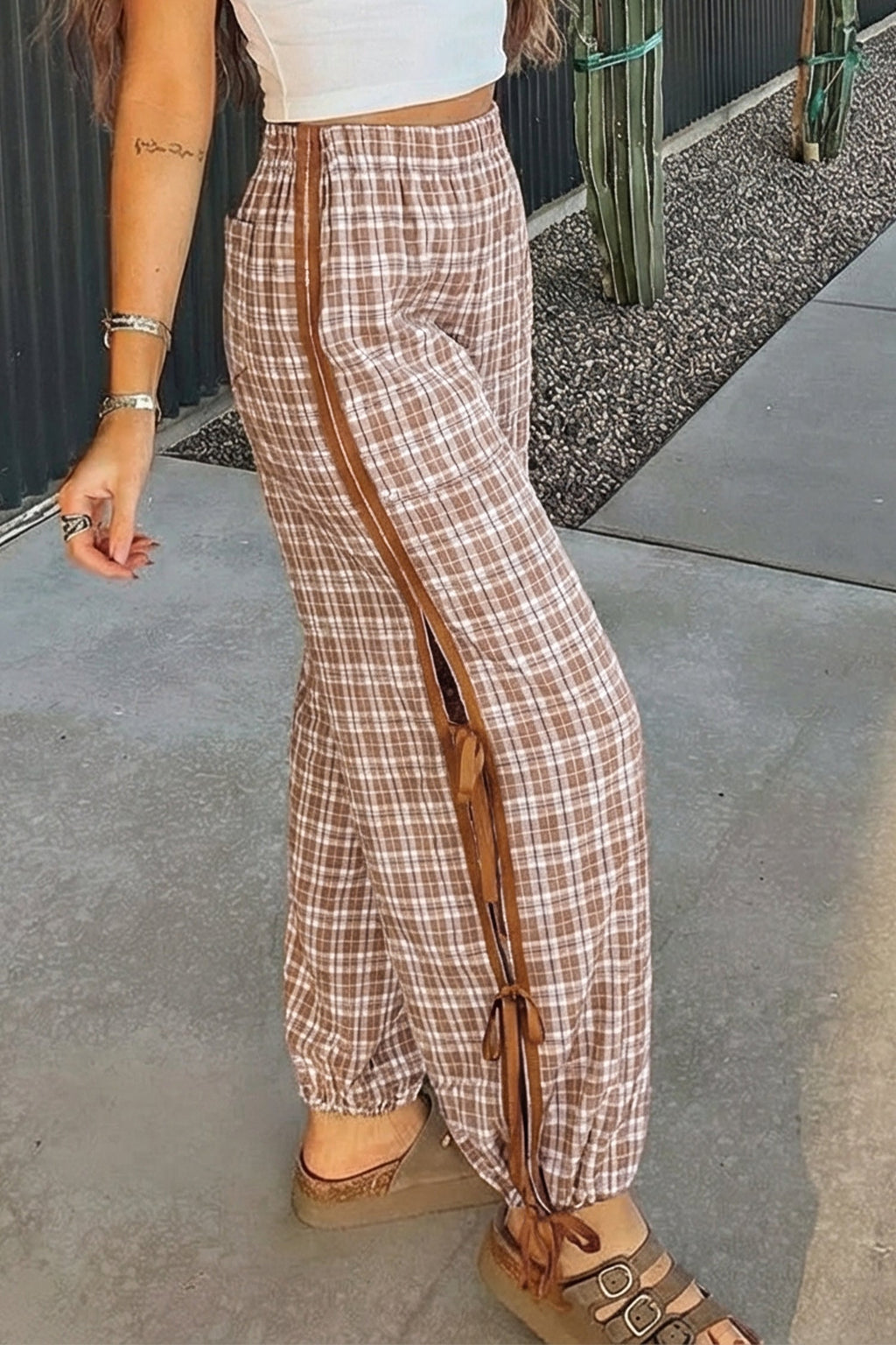 Chestnut Plaid Print Elastic Waist Bow Tie Contrast Detail Jogger Pants