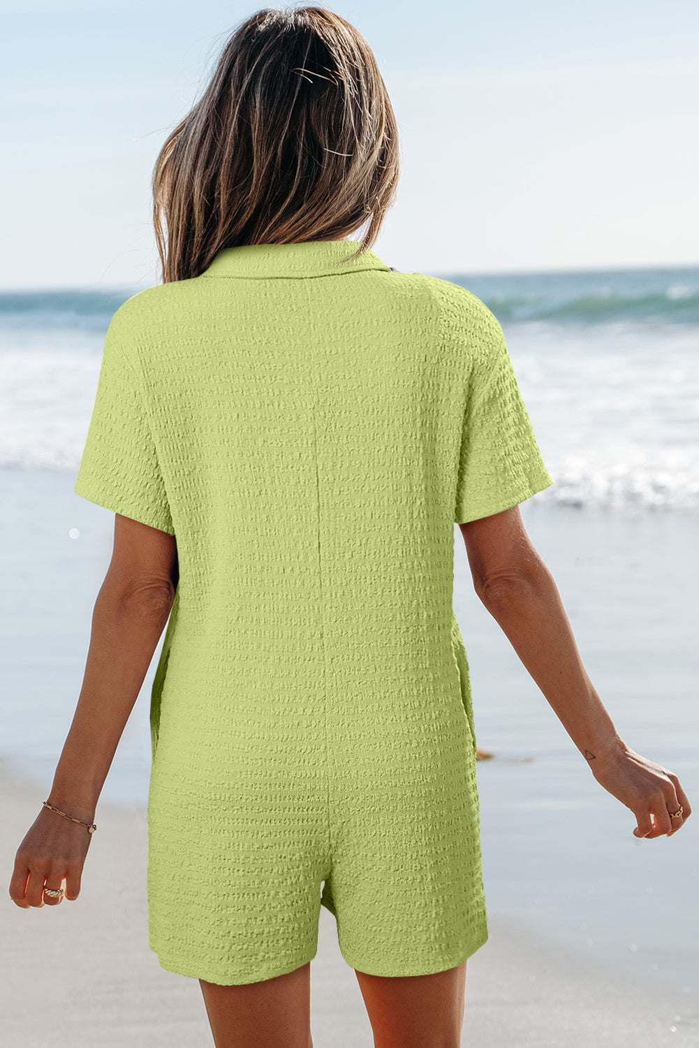 Textured Short Sleeve Patch Pocket Buttoned Romper