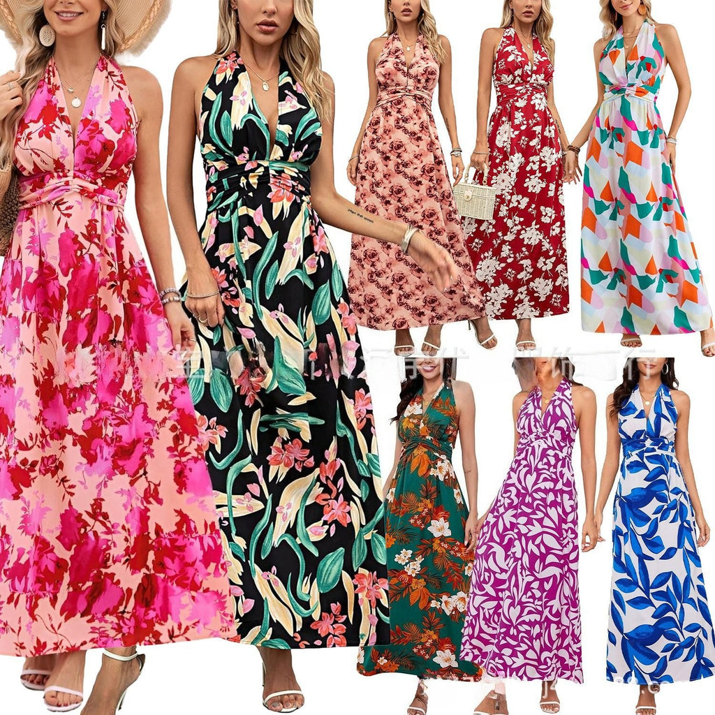 Women's Halter Neck Printed Bohemian Dress Vacation Beach Maxi Dress