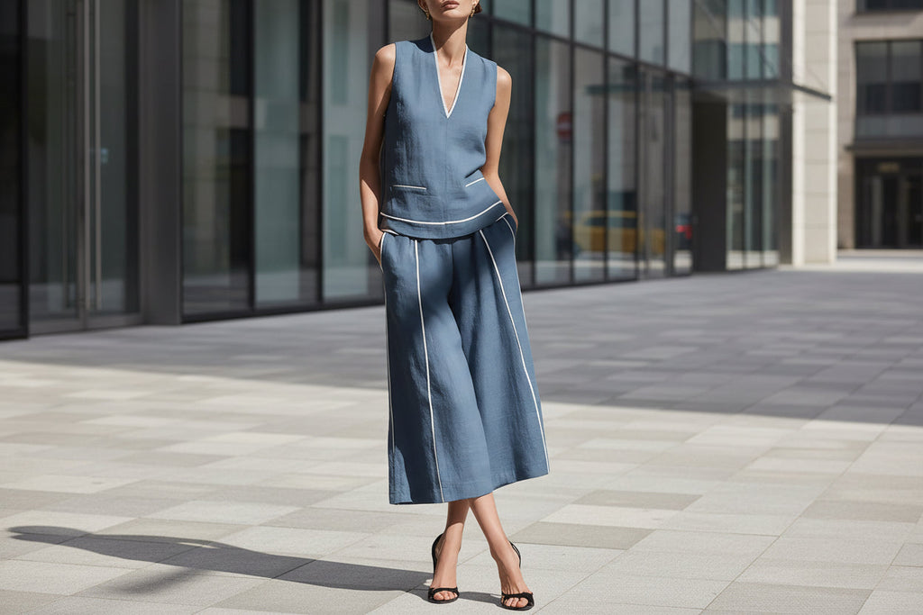 Woman wearing a blue sleeveless top and wide-leg pants standing in an urban setting.