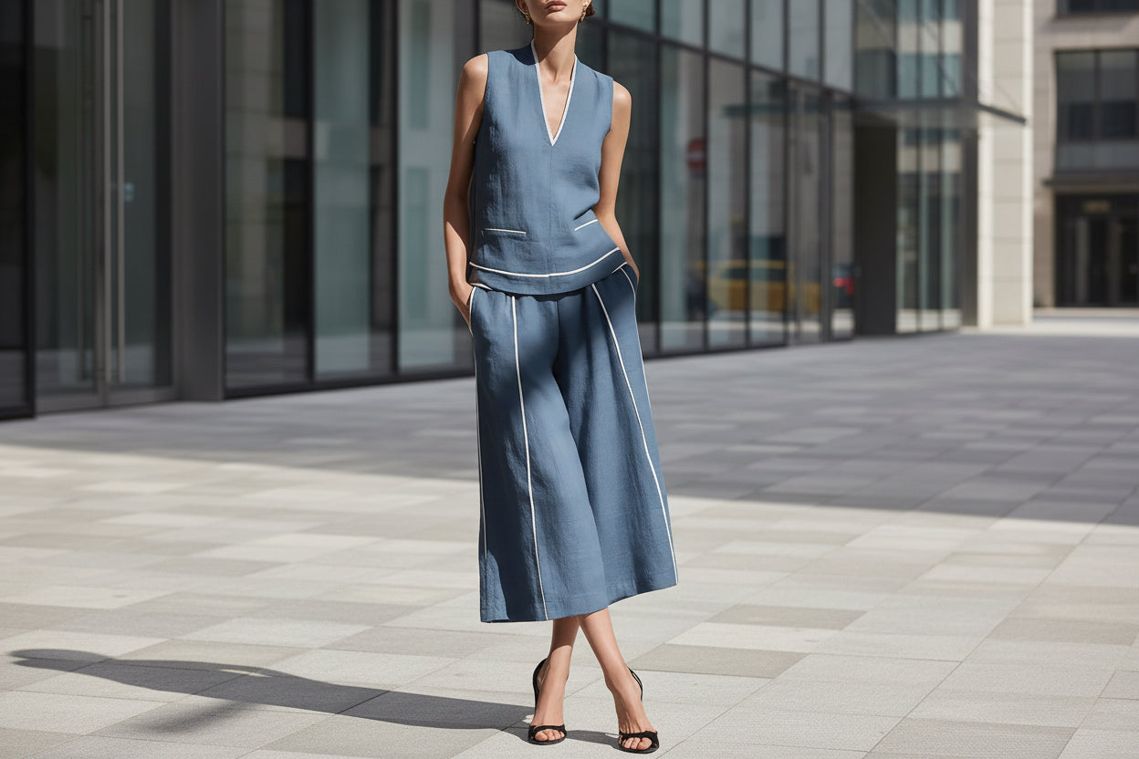 Woman wearing a blue sleeveless top and wide-leg pants standing in an urban setting.
