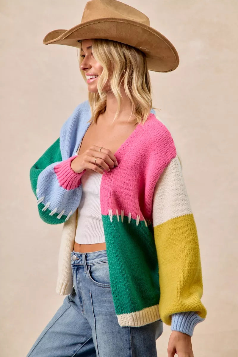 BiBi Color Block Open Front Sweater Cardigan showing side view 