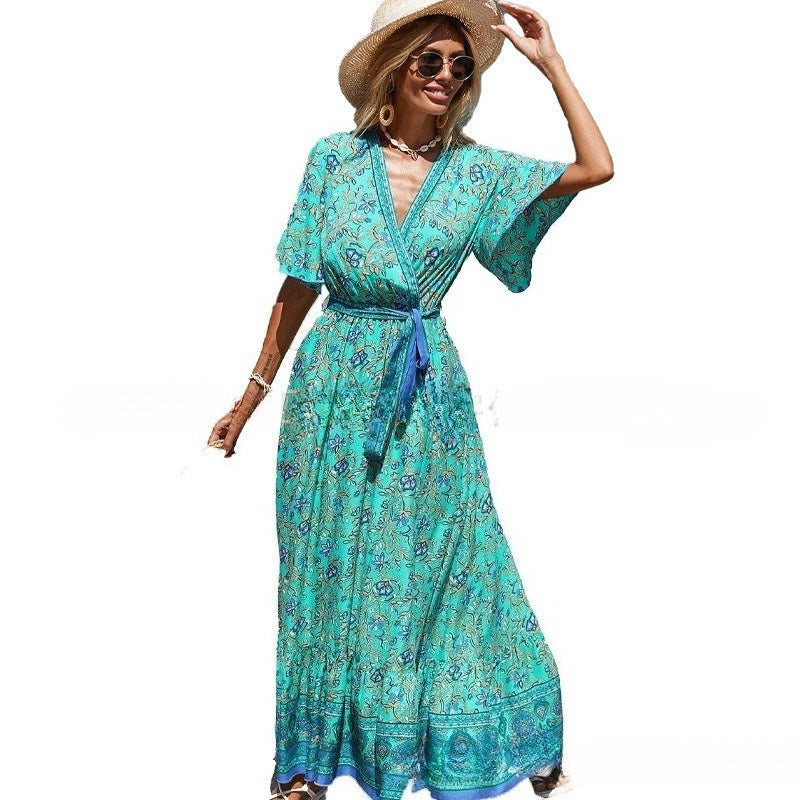 Women's V-Neck Tie-Waist Printed Bohemian Dress Short Sleeve Floral Maxi Dress Summer