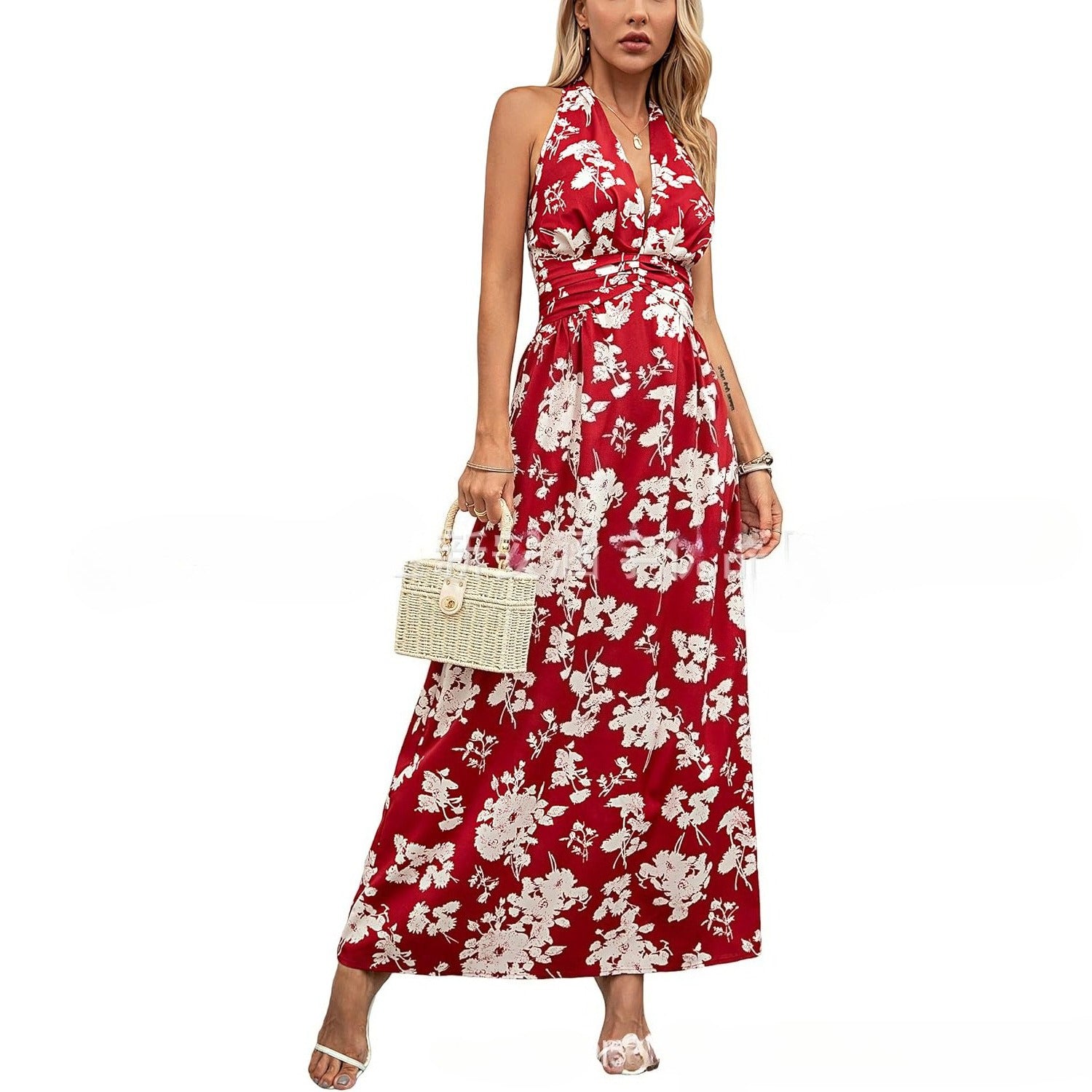 Women's Halter Neck Printed Bohemian Dress Vacation Beach Maxi Dress