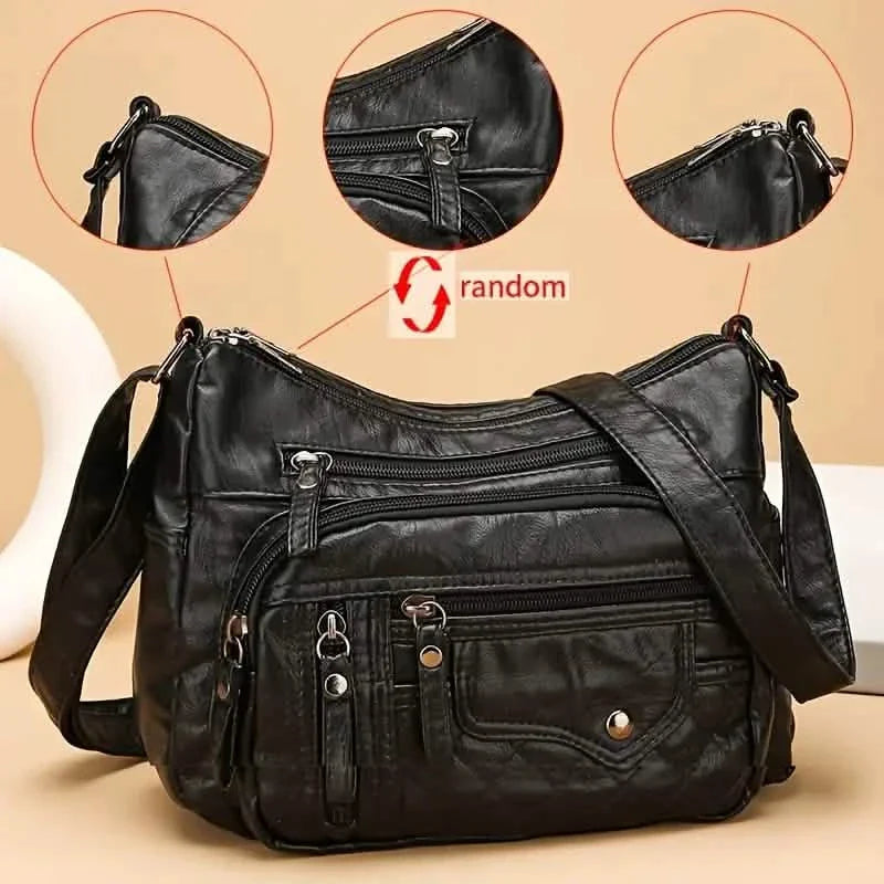 Modische Umhängetasche mit mehreren Reißverschlüssen, weiche Vegane Leder-Schultertasche, Damen-Handtasche mit mehreren Fächern