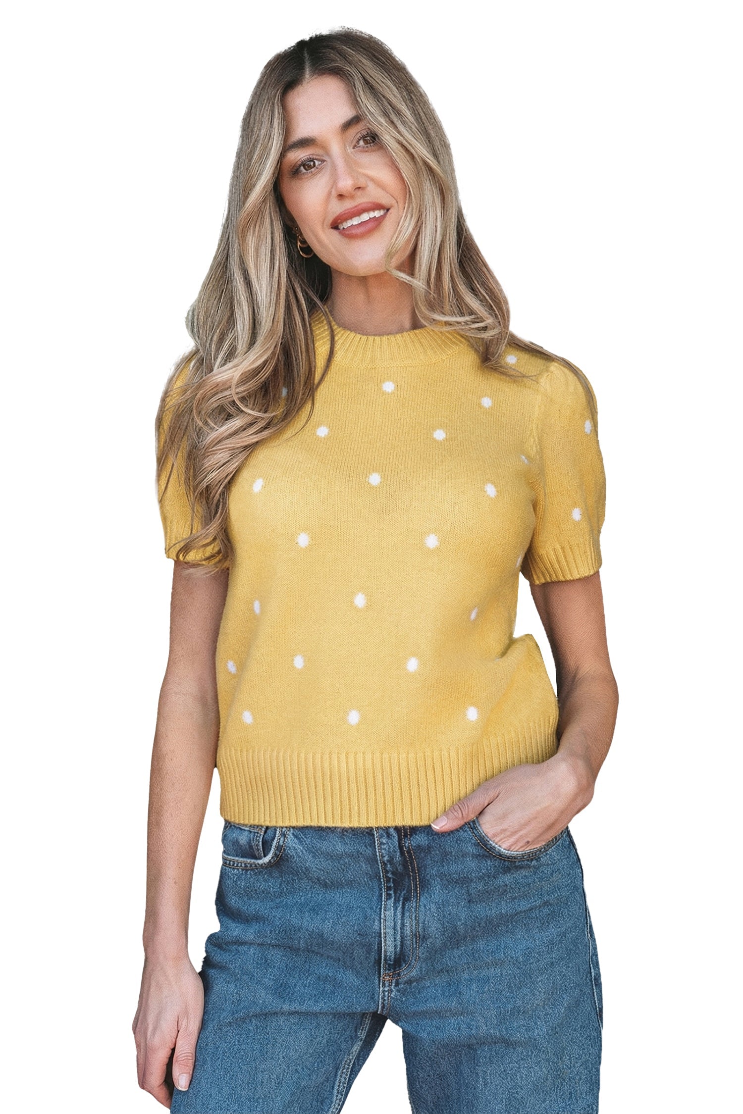Yellow Cream Elegant Polka Dot Bubble Short Sleeve Sweater