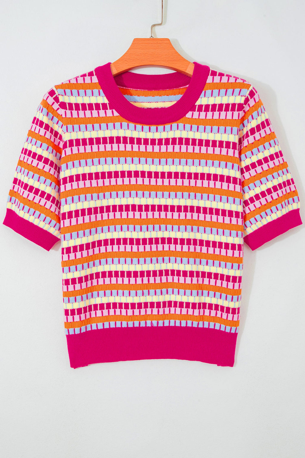 Rose Red Abstract Striped Knit Short Sleeve Sweater