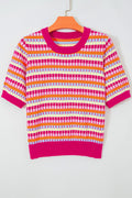 Rose Red Abstract Striped Knit Short Sleeve Sweater