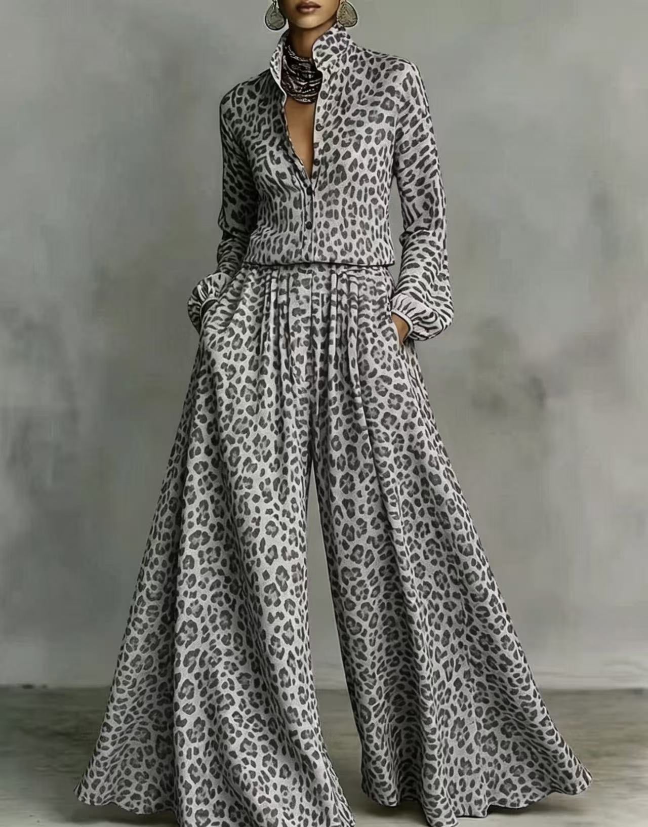 Leopardenmuster Hose mit weitem Bein Set – Freizeit-Zweiteiler für Damen