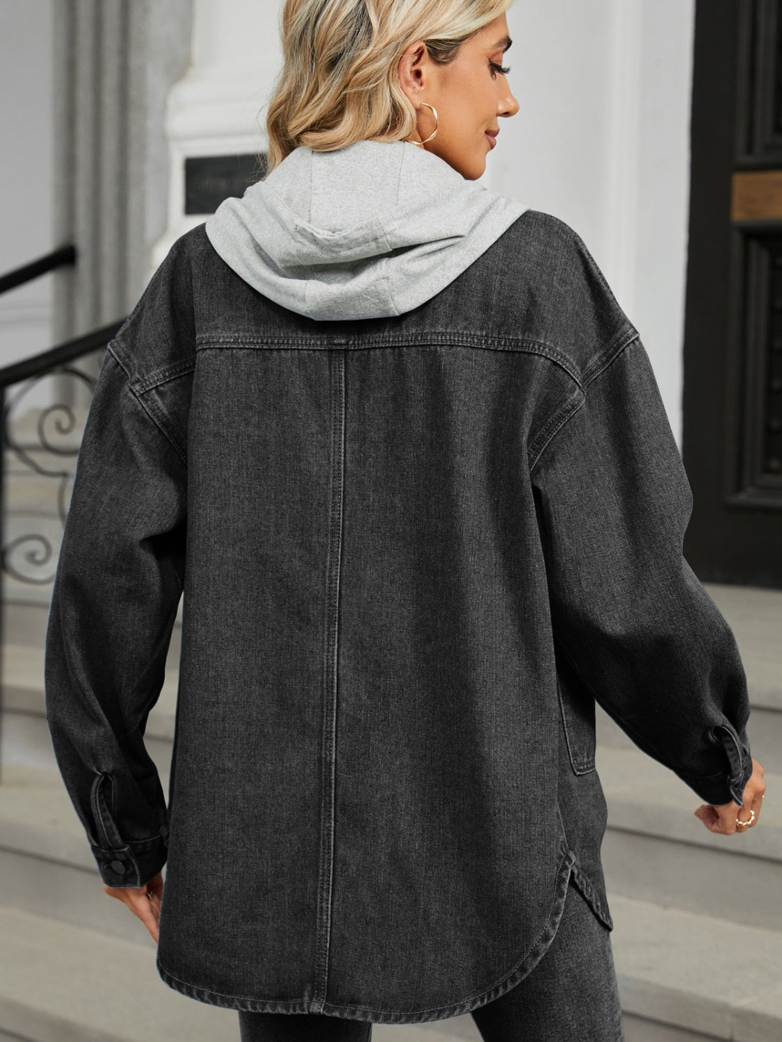 Women Removable Hood Button Up Long Sleeve Denim Jacket
