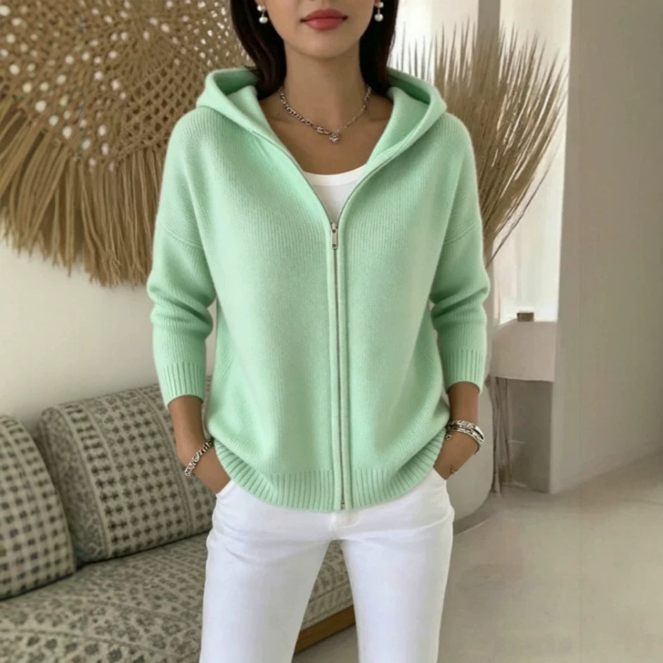 Zip-Up Knitted Hooded Cardigan Coat – Women’s Sweater in pistachio green